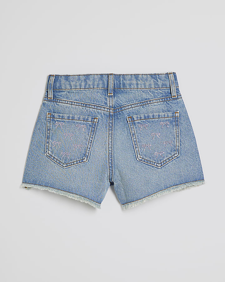 Girls Denim Pink Bow Diamante Shorts