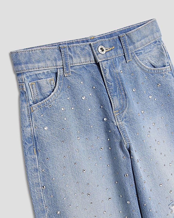 Girls Blue Rip Diamante Wide Leg Jeans
