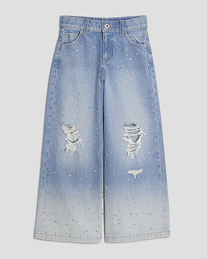 Girls Blue Rip Diamante Wide Leg Jeans