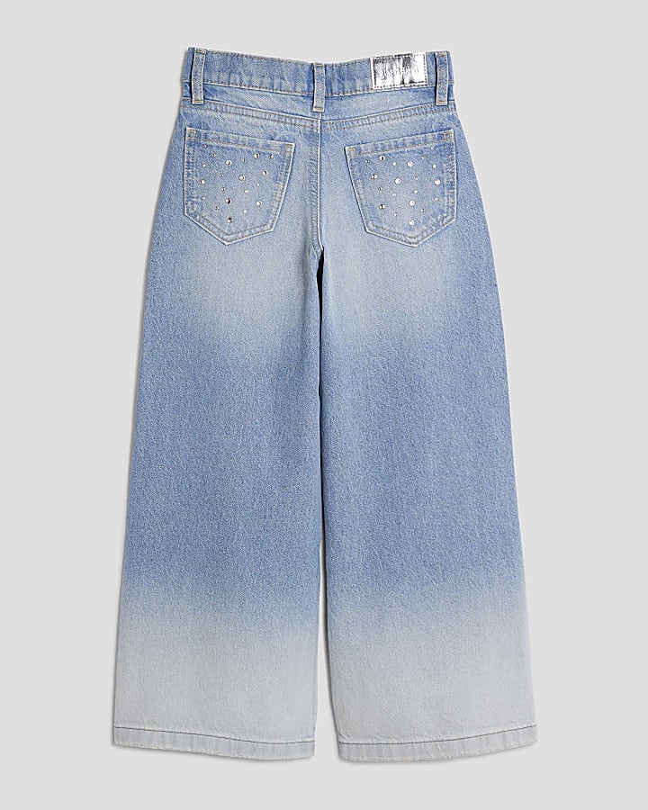 Girls Blue Rip Diamante Wide Leg Jeans