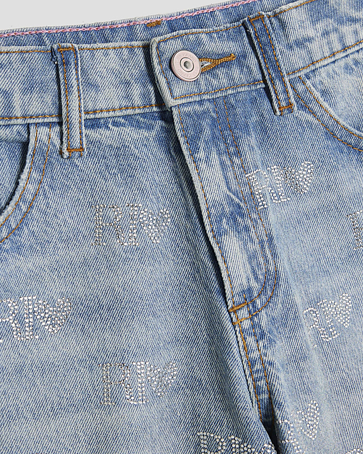 Girls Blue Diamante Monogram jeans