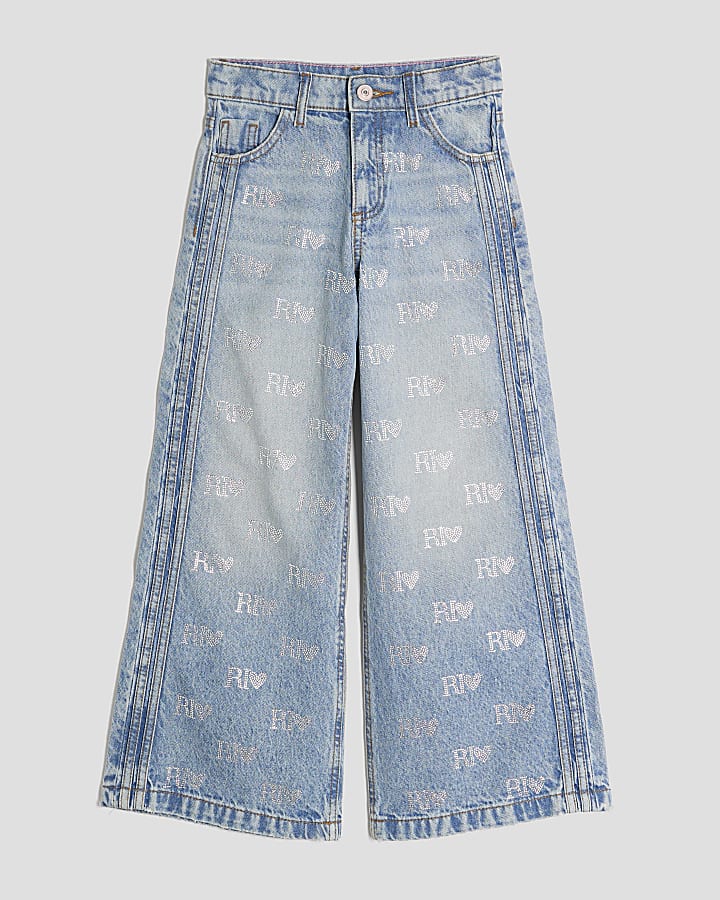 Girls Blue Diamante Monogram jeans