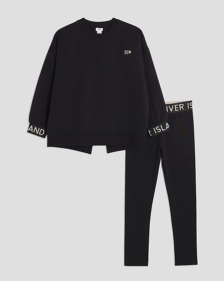 Girls Black Split Back Sweatshirt Set