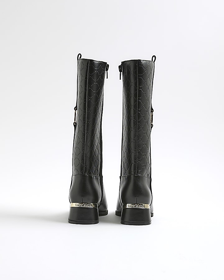 Girls Black Embossed knee high boots