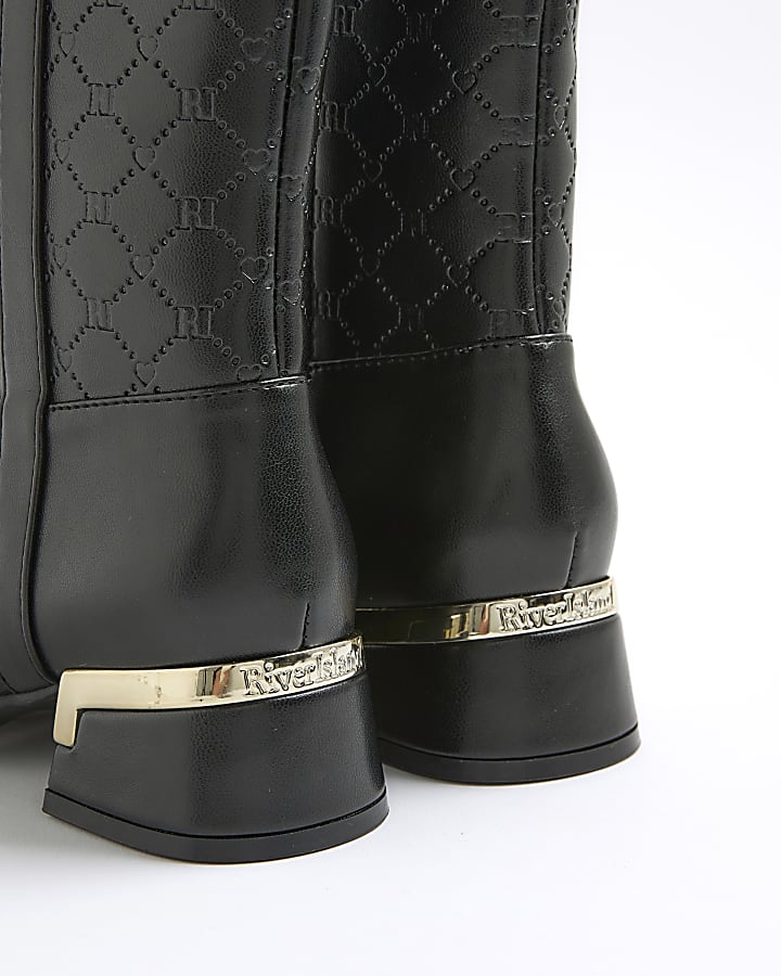 Girls Black Embossed knee high boots
