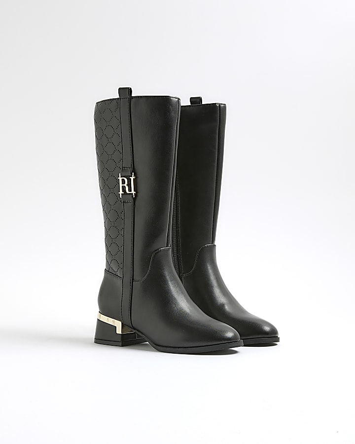 Girls Black Embossed knee high boots