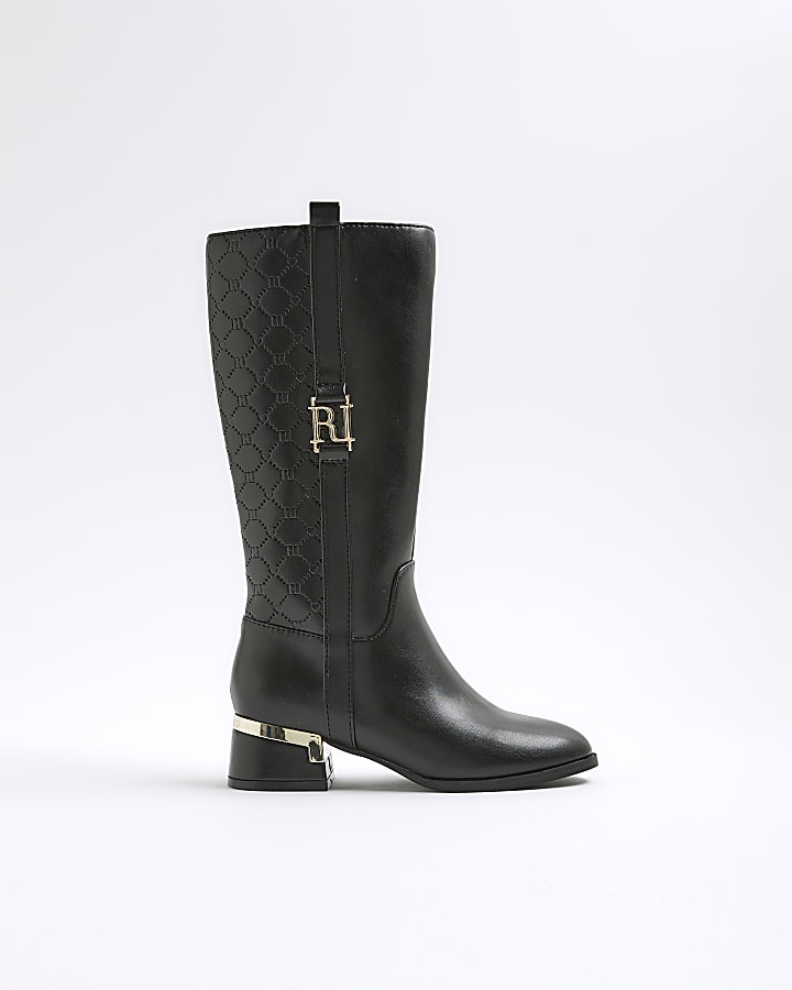 Girls Black Embossed knee high boots