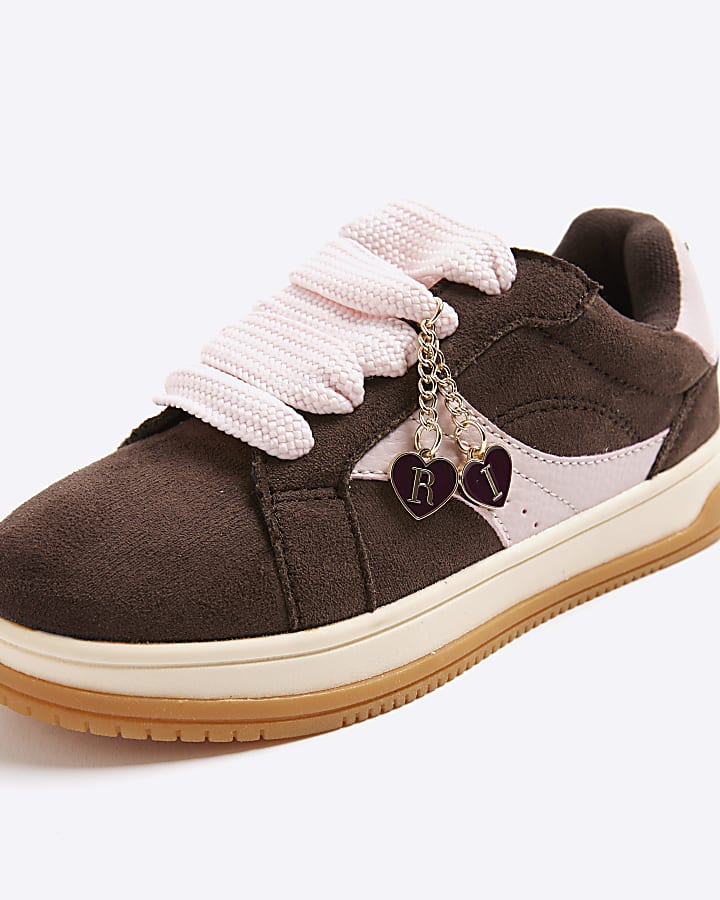 Girls Brown Heart Charm Trainers