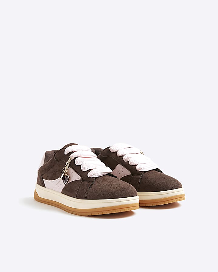 Girls Brown Heart Charm Trainers