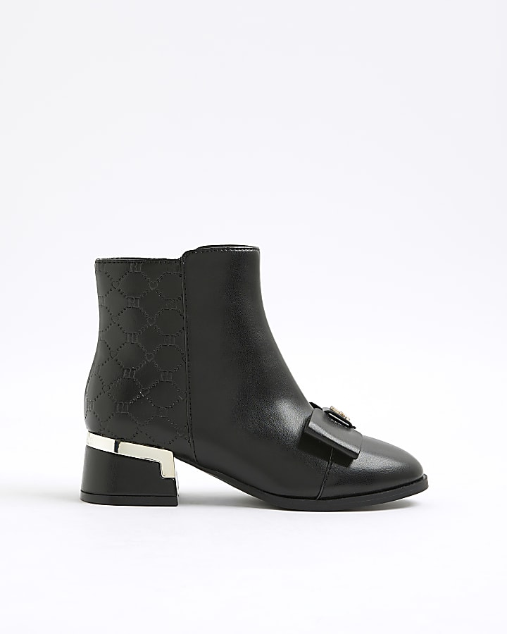 Girls Black Bow Front Heeled Boots