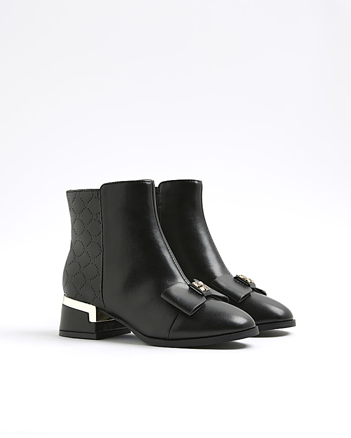 Girls Black Bow Front Heeled Boots