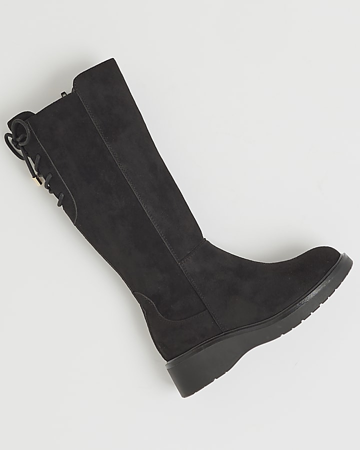 Girls Black faux suede Wedge knee high boots