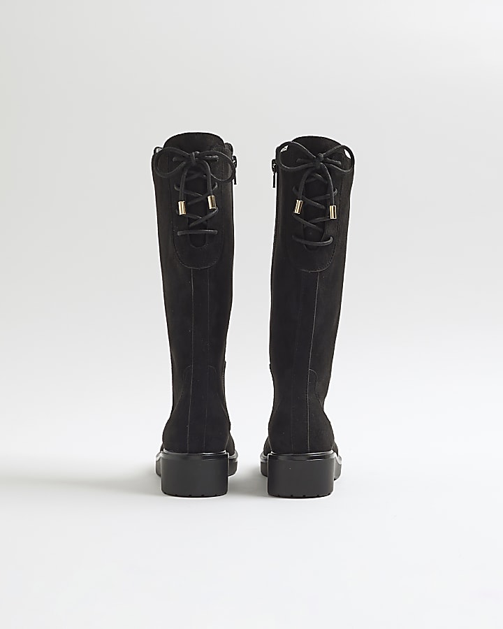 Girls Black faux suede Wedge knee high boots