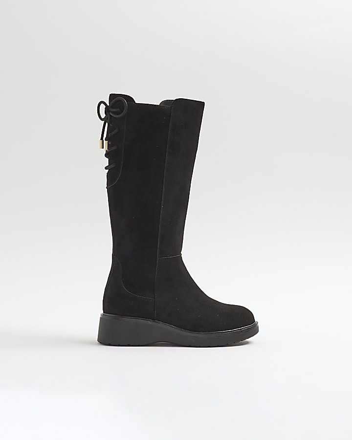 Girls Black faux suede Wedge knee high boots