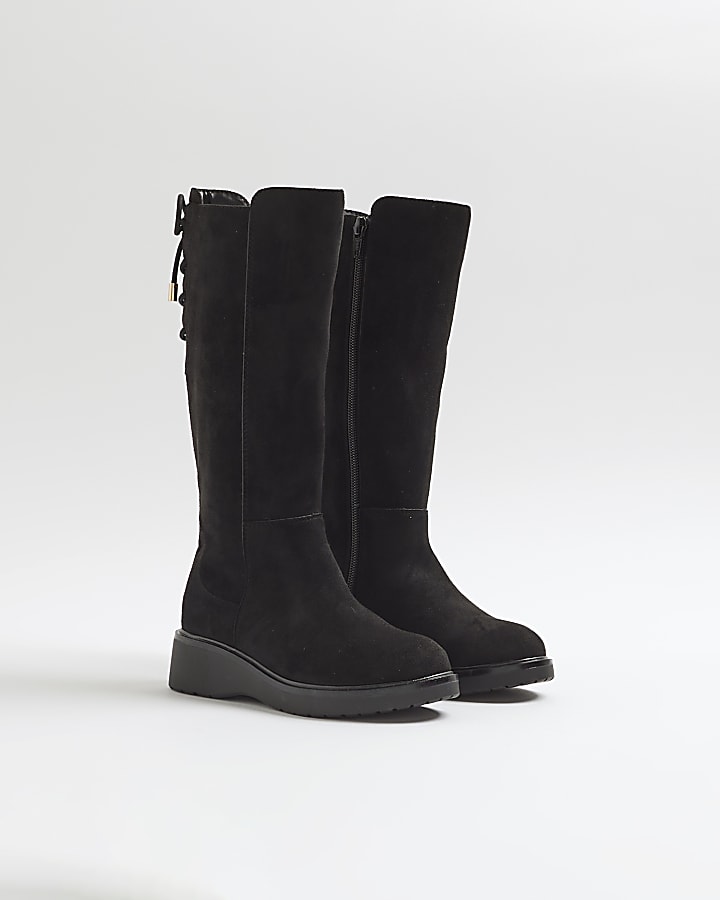 Girls Black faux suede Wedge knee high boots