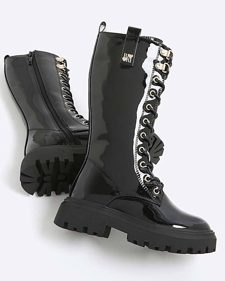 Girls Black Lace Up Knee High Boots