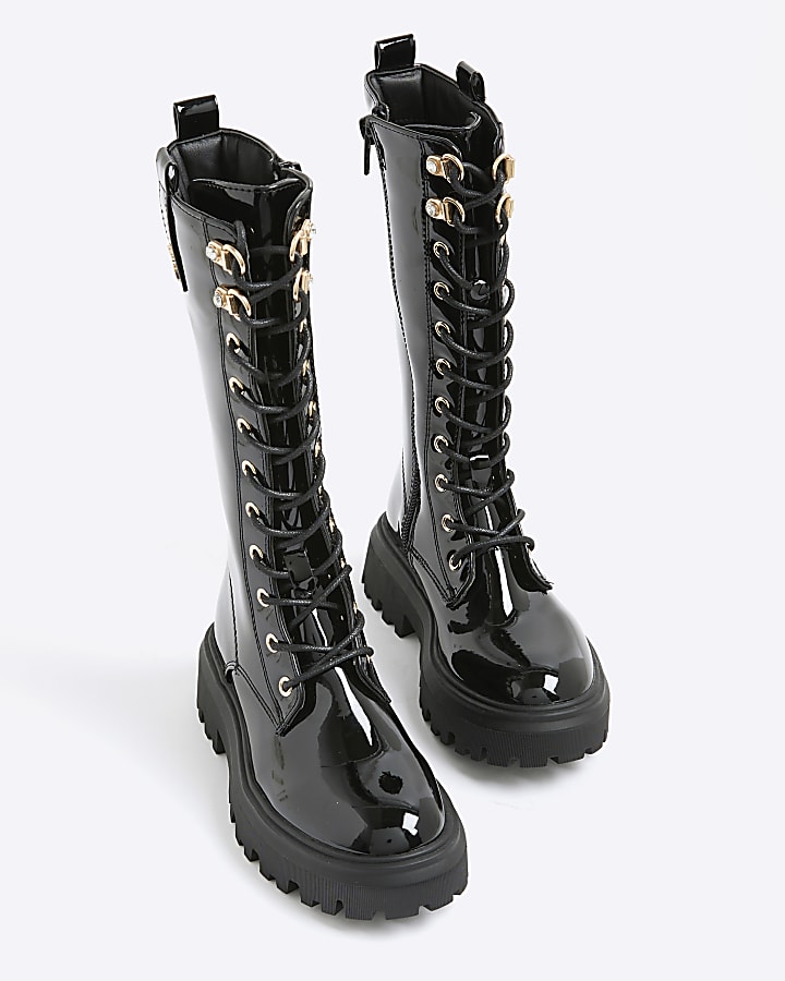 Girls Black Lace Up Knee High Boots