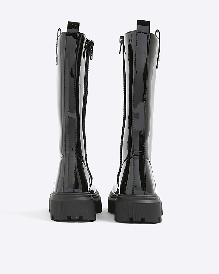 Girls Black Lace Up Knee High Boots