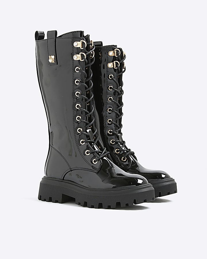 Girls Black Lace Up Knee High Boots