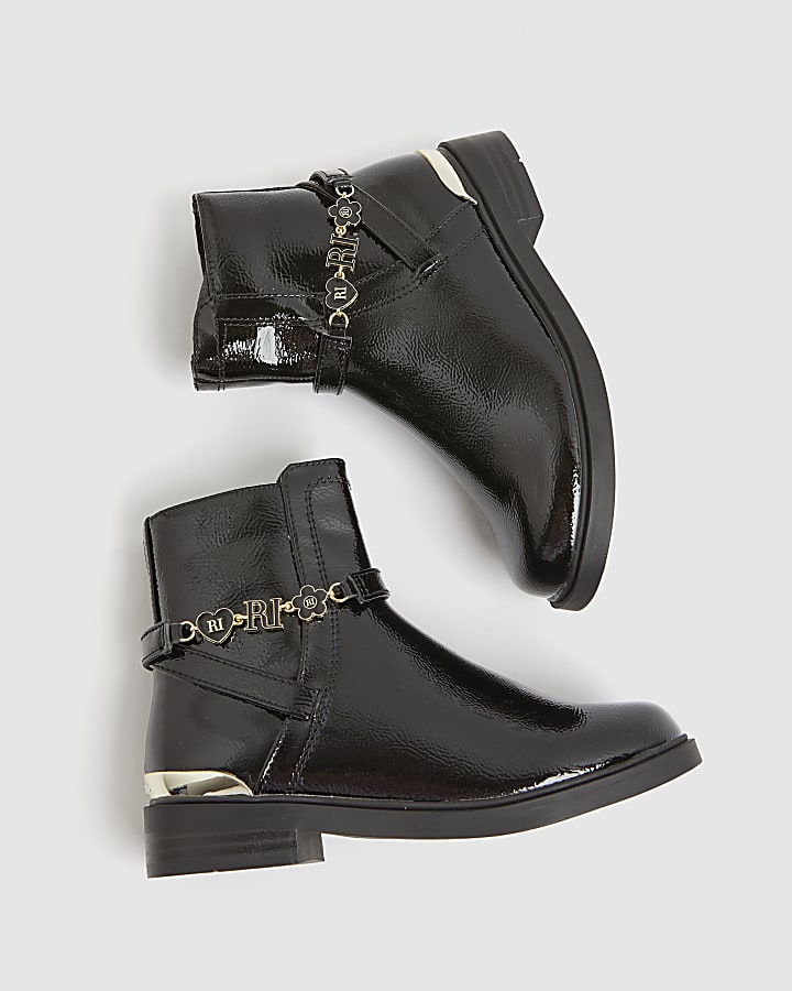 Girls Black Flower Chain Riding Boots