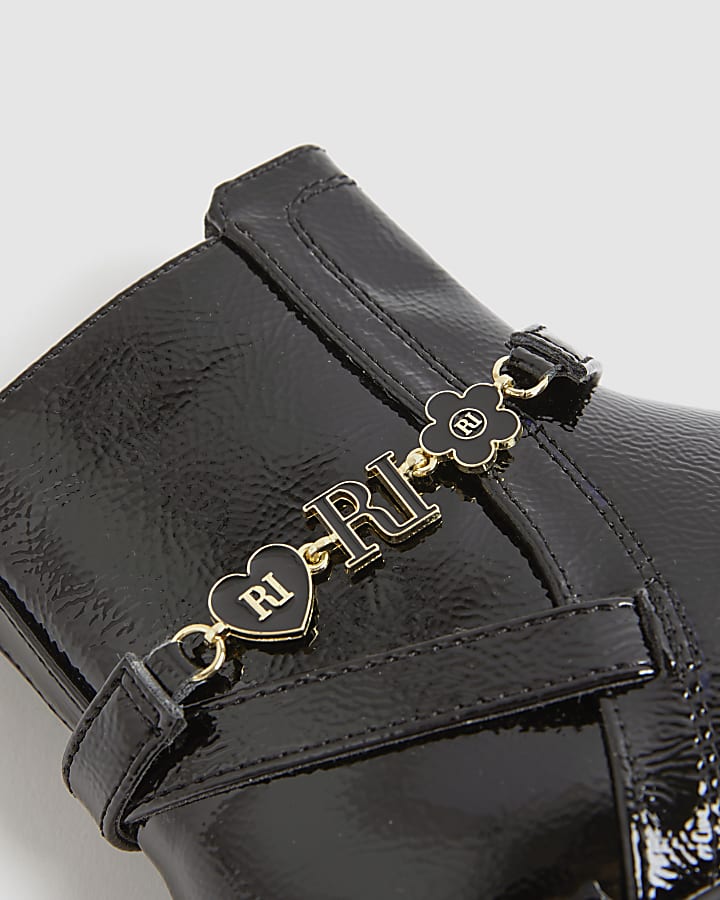 Girls Black Flower Chain Riding Boots