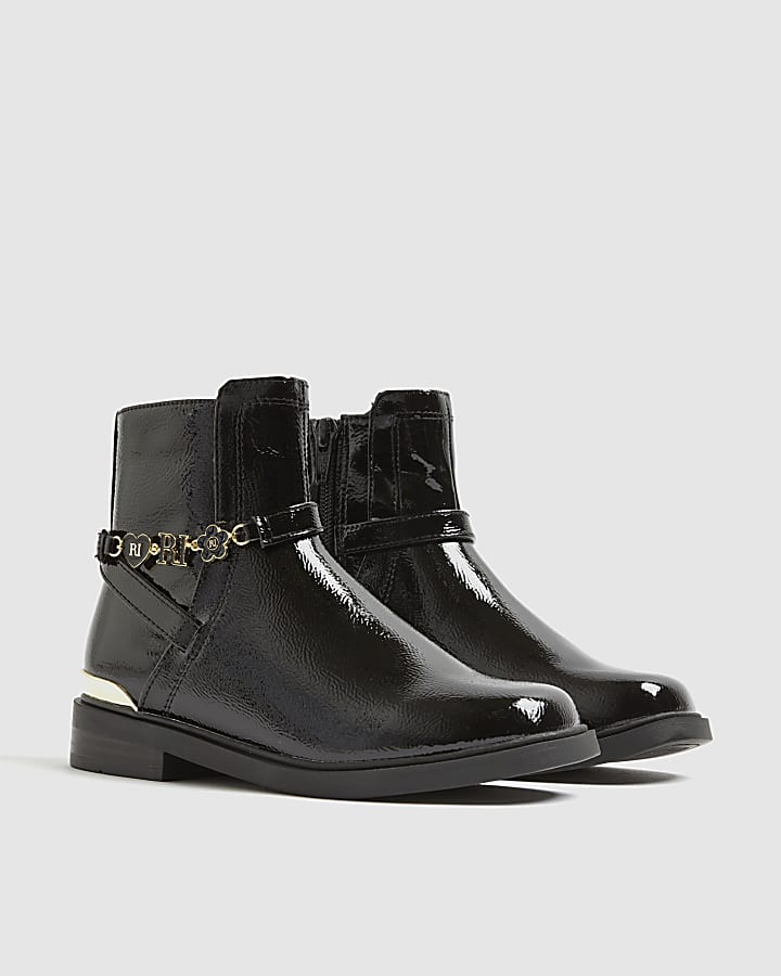 Girls Black Flower Chain Riding Boots