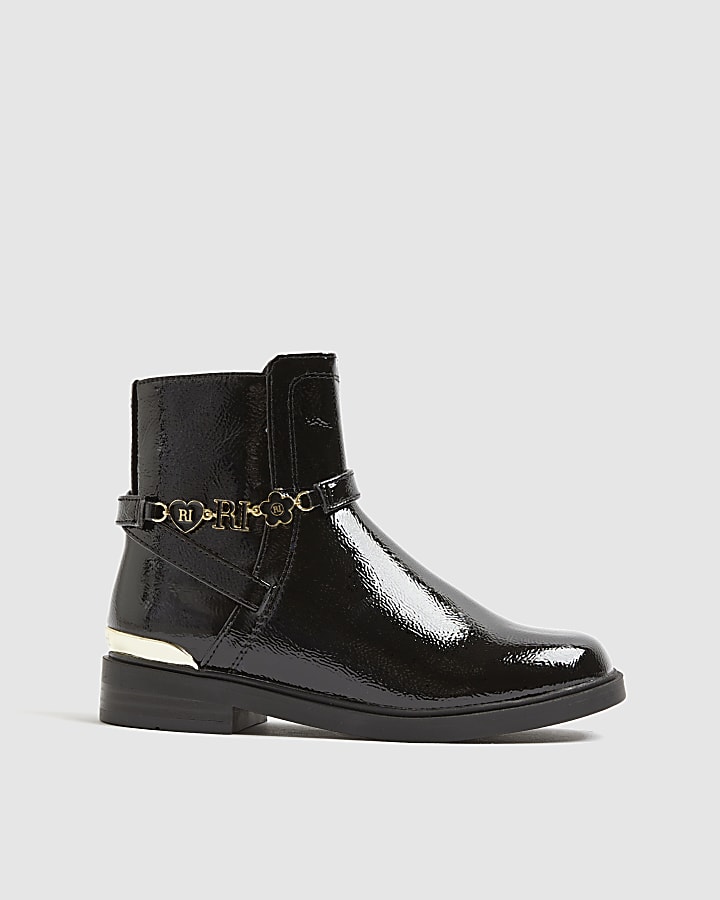 Girls Black Flower Chain Riding Boots