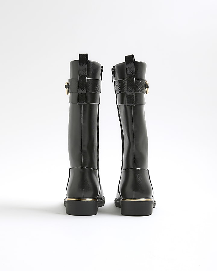 Girls Black Heart Snaffle Knee High Boots