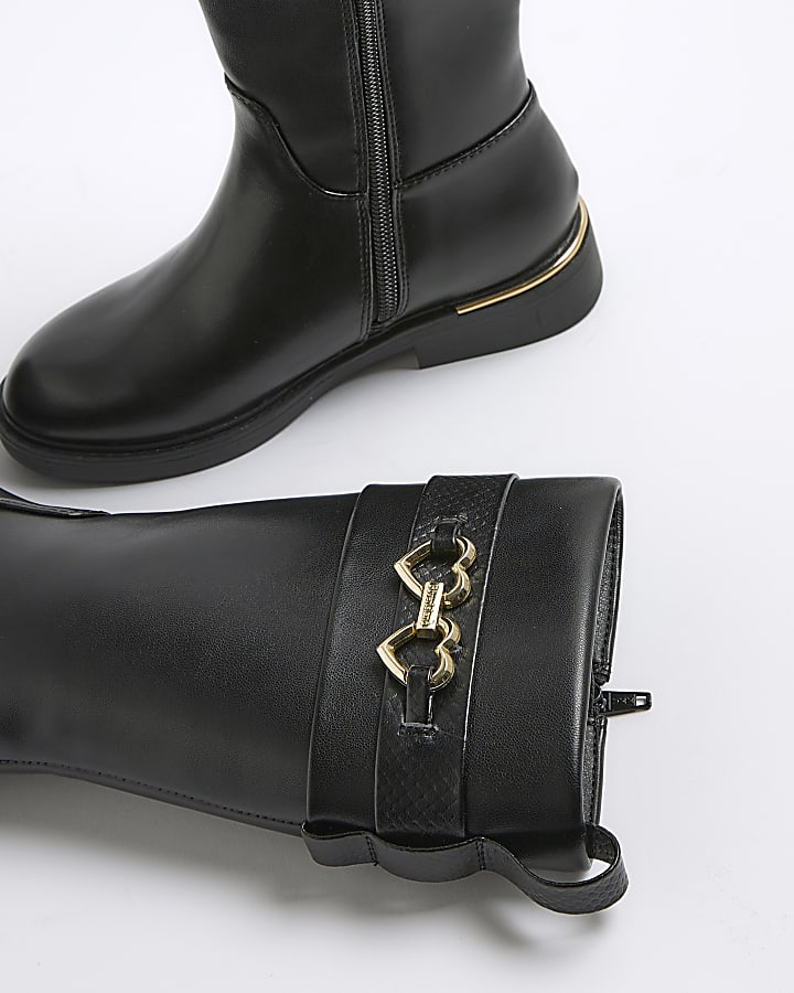 Girls Black Heart Snaffle Knee High Boots