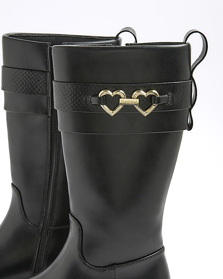Girls Black Heart Snaffle Knee High Boots