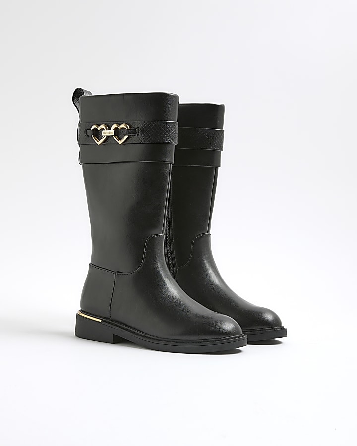 Girls Black Heart Snaffle Knee High Boots