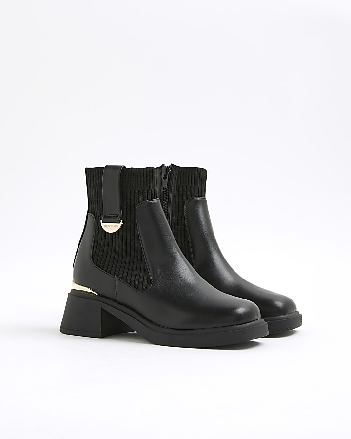 Girls Black Knit Heeled Chelsea Boots