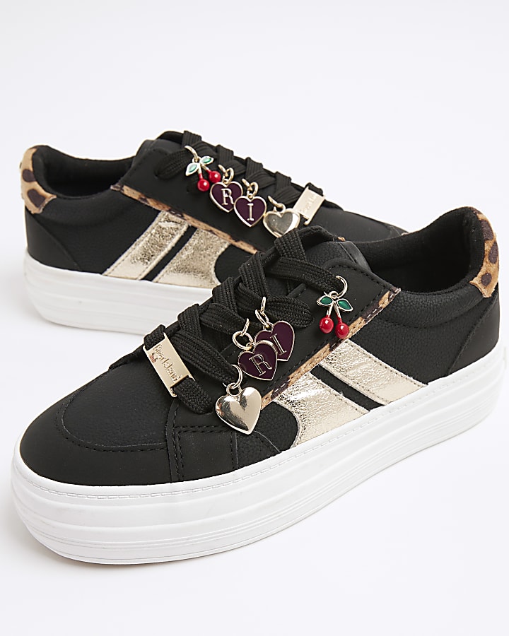 Girls Black Leopard Print Charmed Trainers
