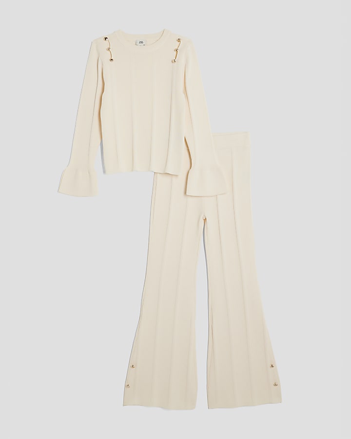 Girls Cream Buttoned Long Sleeve Top Set