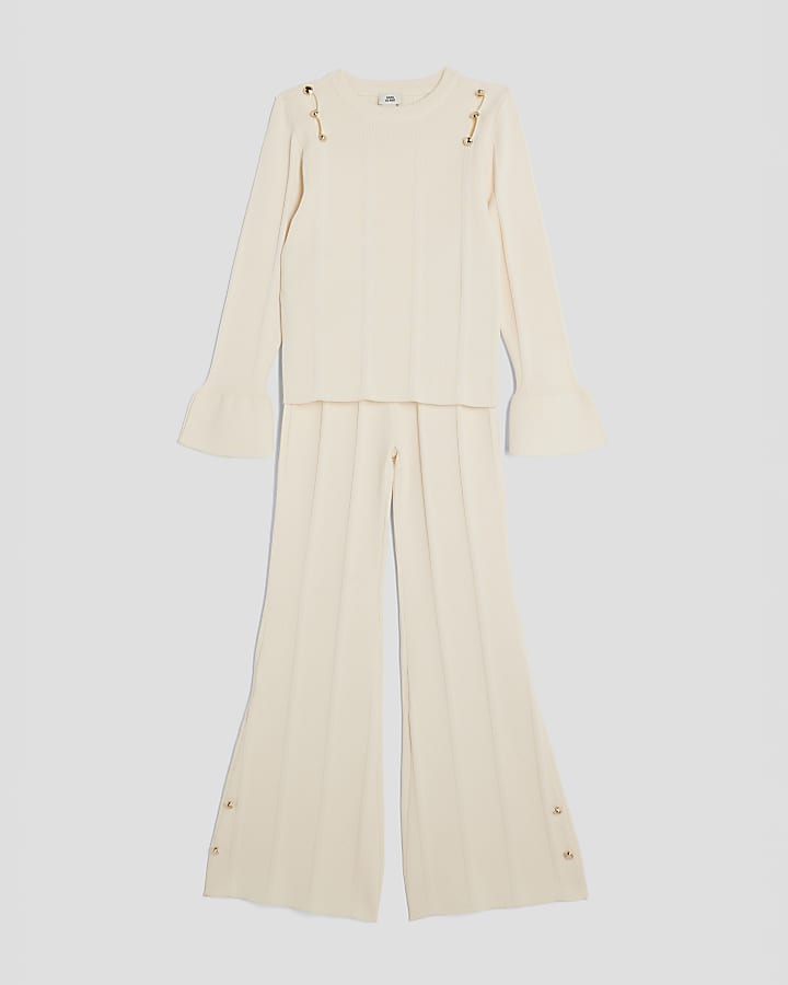 Girls Cream Buttoned Long Sleeve Top Set