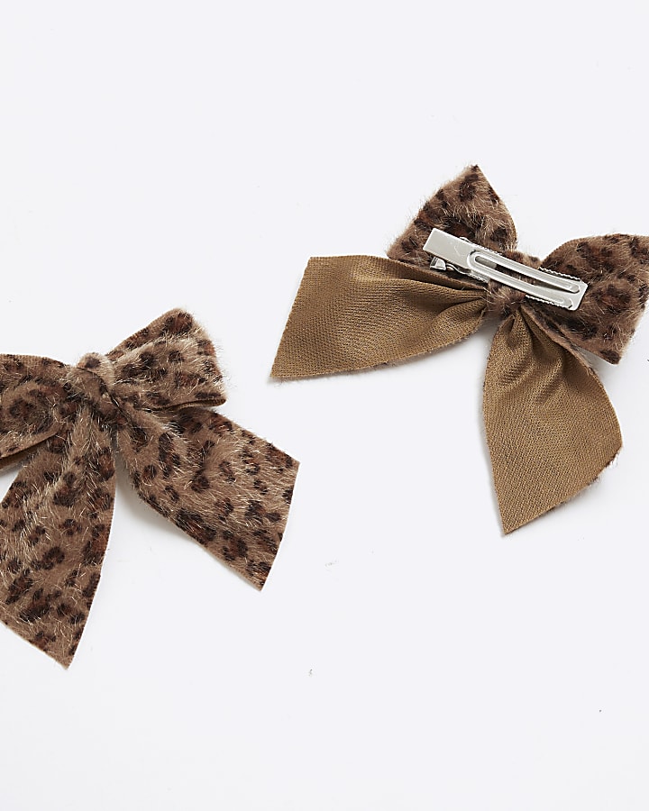 Girls Brown Leopard Print Bow Hair Clips