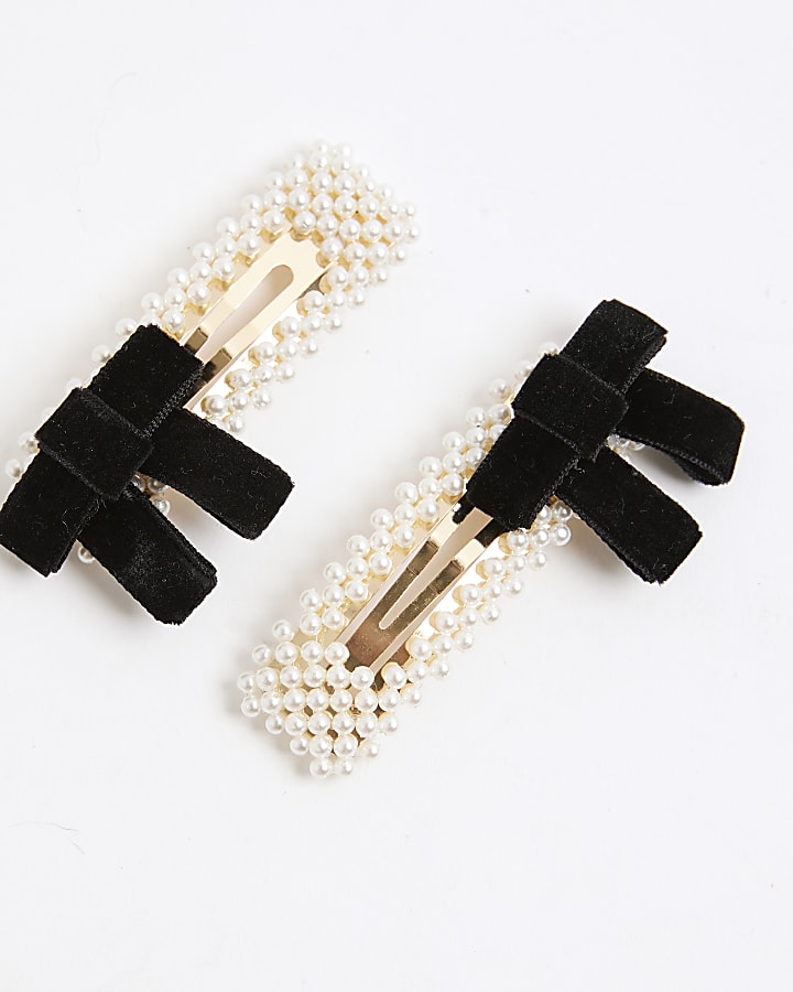 White Pearl And Bow Hair Clips