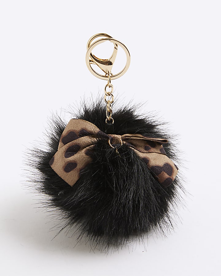 Black Leopard Fluffy Bow Bag Charm
