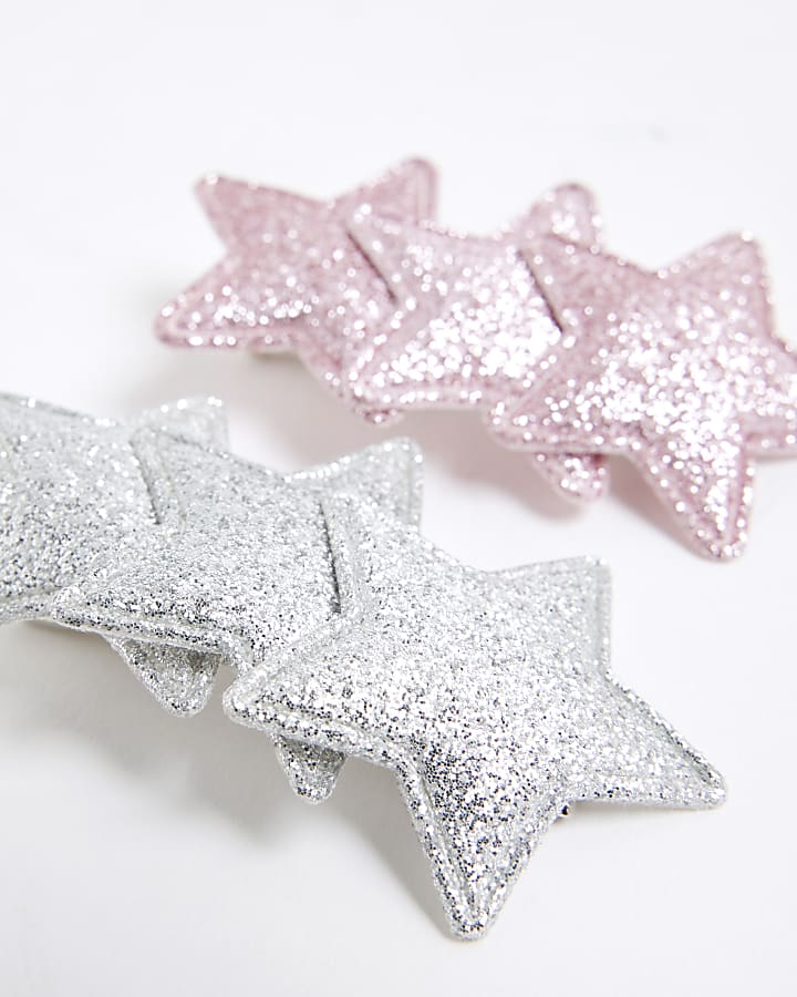 Girls Pink Glitter Star Hair Clips