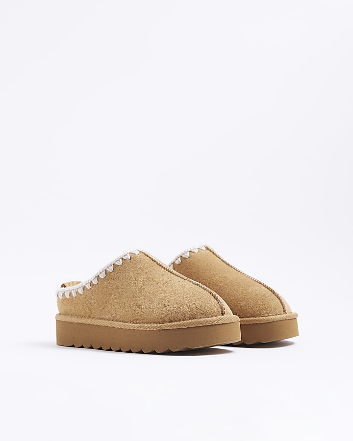 Girls Brown Whipstitch Mules