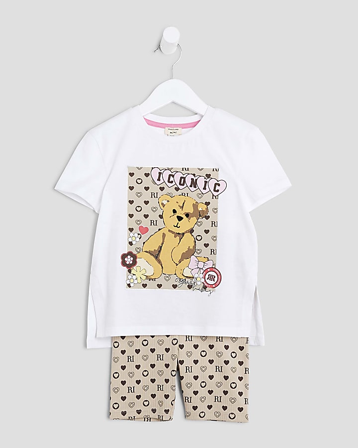 Mini Girls White Bear Monogram T-Shirt Set