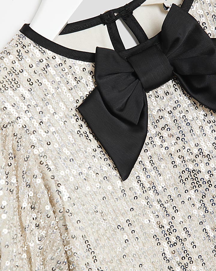 Mini Girls Silver Sequin Bow Shift Dress