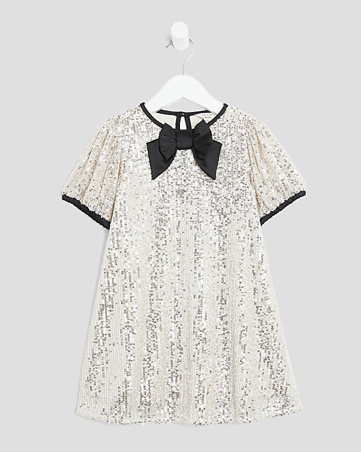 Mini Girls Silver Sequin Bow Shift Dress