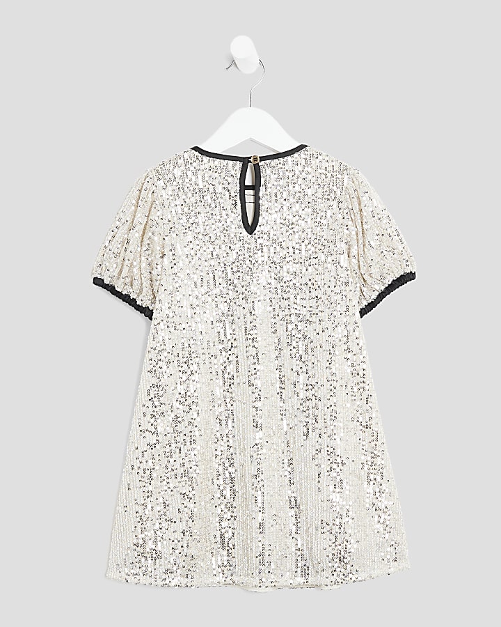 Mini Girls Silver Sequin Bow Shift Dress