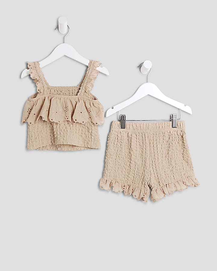 Mini Girls Beige Textured Bardot Top Set