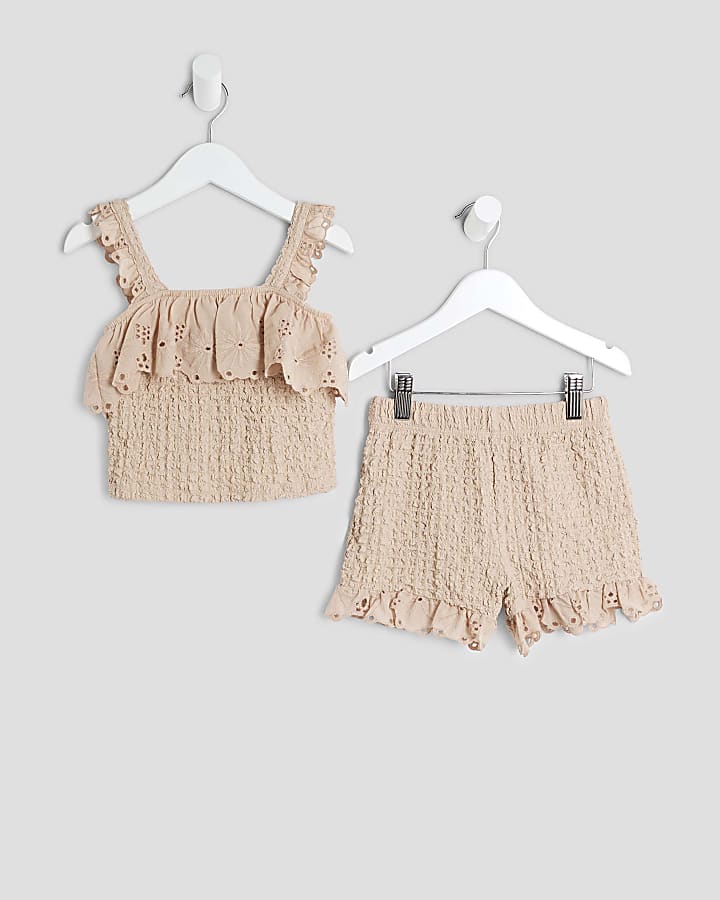 Mini Girls Beige Textured Bardot Top Set