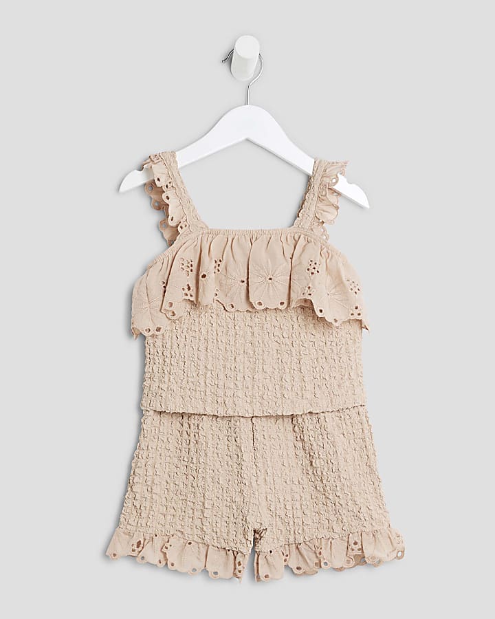 Mini Girls Beige Textured Bardot Top Set