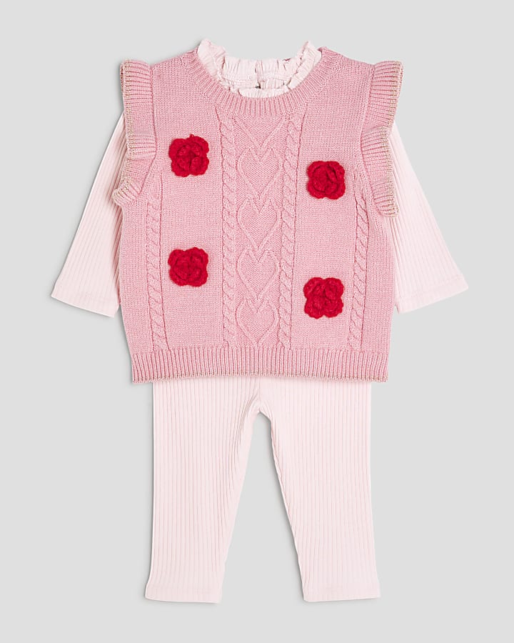 Baby Girls Pink Knitted Vest 3 Piece Set