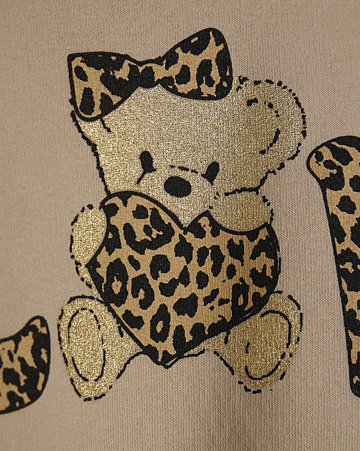 Mini Girls Beige Leopard Love Bear Hoodie