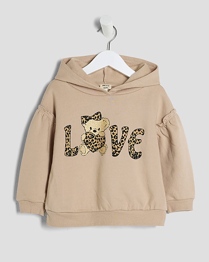 Mini Girls Beige Leopard Love Bear Hoodie